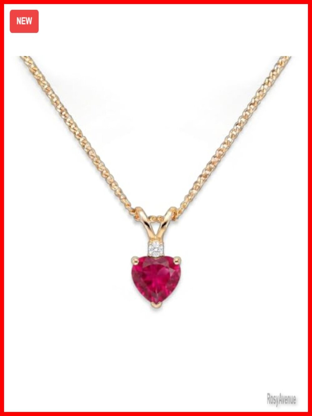 14K Solid Gold Created Ruby Heart Necklace Lab Grown Diamond 17"